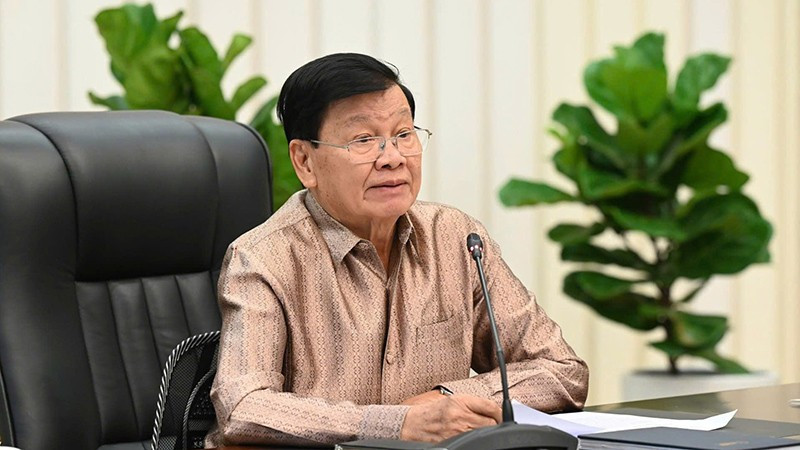 Tổng Bí thư Thongloun Sisoulith phát biểu tại Hội nghị. (Ảnh: Báo Pasaxon)