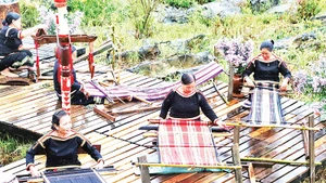 Phụ nữ Ê Đê dệt thổ cẩm truyền thống. 