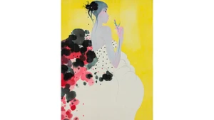 Bùi Tiến Tuấn, Tuổi mộng mơ, mực và acrylic trên lụa, 140x84cm, 2024. Ảnh: NVCC 