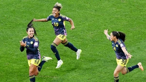Niềm vui của các cầu thủ nữ Colombia trong trân thắng đội tuyển nữ Đức với tỷ số 2-1. (Ảnh: Getty)