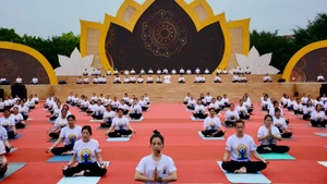 Màn đồng diễn Yoga với sự tham gia của hơn 300 người tại Ngày hội. (Ảnh: QUỐC ĐẠT)