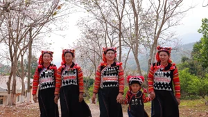 Phụ nữ và trẻ em dân tộc Hà Nhì trong trang phục truyền thống.