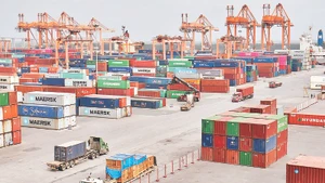 Bốc xếp hàng hóa xuất nhập khẩu tại cảng Tân Vũ, Hải Phòng. (Ảnh: MINH HÀ)
