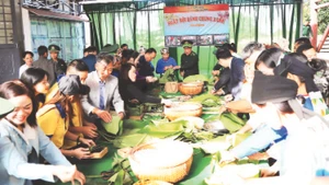 Cán bộ, chiến sĩ Bộ đội Biên phòng tỉnh Đắk Lắk và các đơn vị gói bánh chưng tặng nhân dân xã biên giới Ia Lốp đón Tết. 