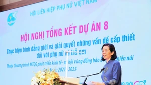 Bà Nguyễn Thị Minh Hương - Phó Chủ tịch Hội Liên hiệp Phụ nữ Việt Nam báo cáo tổng kết, đánh giá kết quả thực hiện Dự án 8 giai đoạn I. 