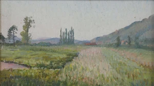Vua Hàm Nghi, Phong cảnh với cây bách (Menthon-Saint-Bernard), sơn dầu, 27 x 40cm, 1906. Nguồn: Viện Pháp tại Việt Nam.