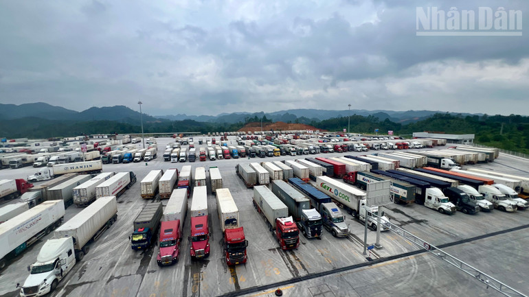 Các phương tiện chở hàng xuất khẩu dừng chờ tại khu vực Công viên Logistics Viettel Lạng Sơn. ndo_tr_img-9699.jpg