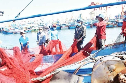 Ngư dân tất bật chuẩn bị ngư cụ ra khơi.