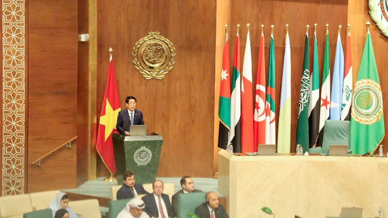 Chủ tịch nước phát biểu chính sách tại Liên đoàn Arab. (Ảnh: XUÂN KỲ) 