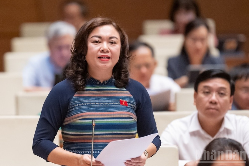 Phó Trưởng Đoàn chuyên trách phụ trách Đoàn đại biểu Quốc hội tỉnh Hòa Bình Đặng Bích Ngọc phát biểu tại hội trường. (Ảnh: DUY LINH)