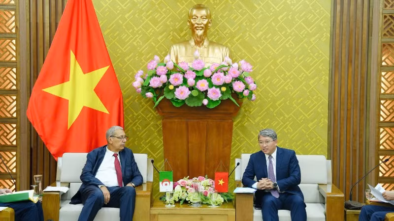 Bộ trưởng Tư pháp Nguyễn Hải Ninh tiếp ông Mohamed Regaz, Tổng Thư ký Bộ Tư pháp Algeria. (Ảnh: TH)