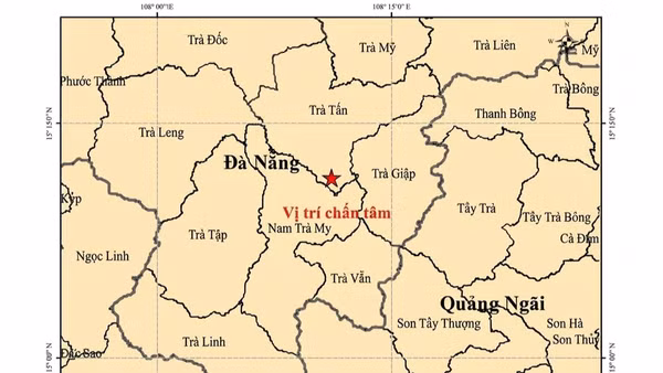 Bản đồ tâm chấn trận động đất mạnh 3.1 tại xã Trà Tân, Thành phố Đà Nẵng. (Ảnh: Viện các Khoa học Trái đất)