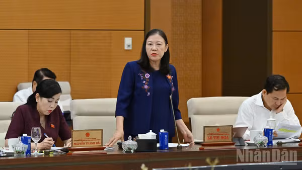 Chủ nhiệm Ủy ban Dân nguyện và Giám sát Lê Thị Nga trình bày báo cáo công tác dân nguyện của Quốc hội tại phiên họp sáng 14/7. (Ảnh: THỦY NGUYÊN)