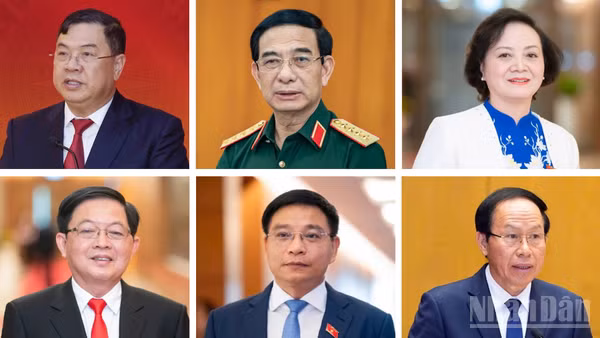 Quốc hội thông qua Nghị quyết phê chuẩn bổ nhiệm Phó Thủ tướng Chính phủ gồm các đồng chí (từ trái qua phải): Phạm Gia Túc, Phan Văn Giang, Phạm Thị Thanh Trà (hàng trên), Hồ Quốc Dũng, Nguyễn Văn Thắng, Lê Tiến Châu (hàng dưới). (Ảnh: VĂN TOẢN)