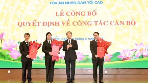 Chánh án Tòa án nhân dân tối cao trao Quyết định bổ nhiệm cho ba đồng chí.