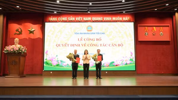 Phó Chánh án Tòa án nhân dân tối cao Nguyễn Hải Trâm trao quyết định bổ nhiệm cán bộ.