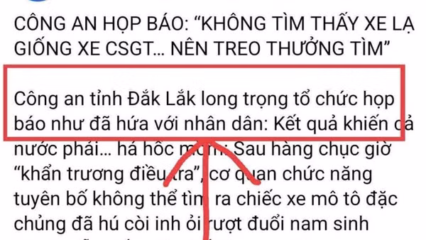 Thông tin Công an tỉnh Đắk Lắk họp báo liên quan đến vụ tai nạn giao thông khiến nam sinh lớp 12 tử vong ở Đắk Lắk được lan truyền trên mạng xã hội là bịa đặt.