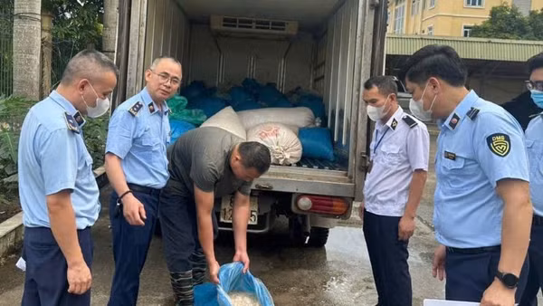 Đội Quản lý thị trường số 9 phối hợp cơ quan chức năng kiểm tra xe vi phạm.