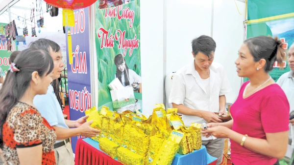 Gian hàng nông sản của tỉnh Thái Nguyên tại một hội chợ xúc tiến thương mại . Ảnh: Nam Anh