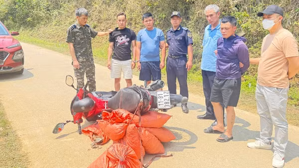 Lực lượng chức năng kiểm tra, bắt giữ các đối tượng và thu giữ tang vật nghi vảy tê tê tại Cao Bằng. 