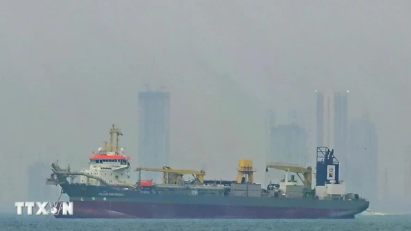 Tàu chở hàng thả neo ngoài khơi bờ biển Các tiểu vương quốc Arab Thống nhất (UAE) do tuyến đường hàng hải bị gián đoạn ở eo biển Hormuz khi xung đột bùng phát giữa Mỹ-Israel và Iran. (Ảnh: Anadolu Agency/TTXVN) 