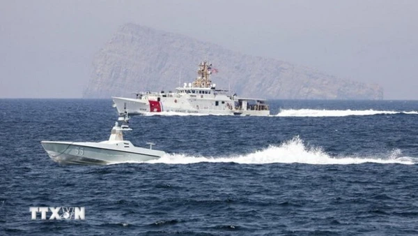 Tàu di chuyển tại Eo biển Hormuz. (Ảnh: IRNA/TTXVN) 