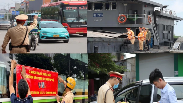 Lực lượng chức năng Công an Hà Nội kiểm tra phương tiện kinh doanh vận tải. (Ảnh PHẠM ĐÔNG-AN TRẠCH) 