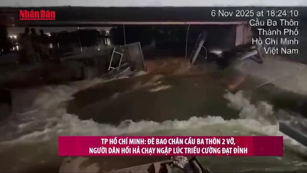 [Video] TP Hồ Chí Minh: Đê bao chân cầu Ba Thôn 2 vỡ, người dân hối hả chạy ngập lúc triều cường đạt đỉnh