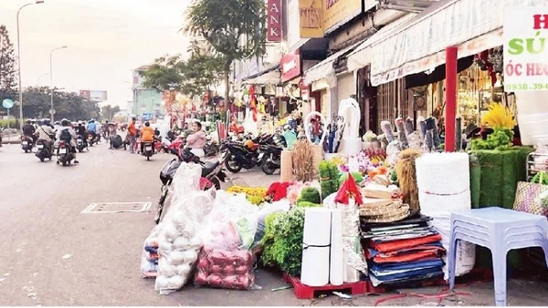 Các hộ kinh doanh trên đường Hải Thượng Lãn Ông bày hàng hóa lấn chiếm đường giao thông. (Ảnh HƯƠNG MỸ)