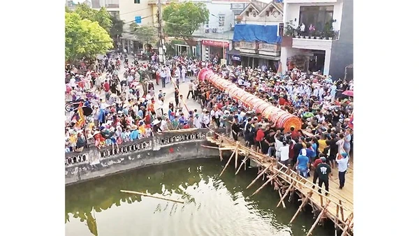 Cây đình liệu khổng lồ được trai tráng trong làng rước ra đền Lộng Khê.