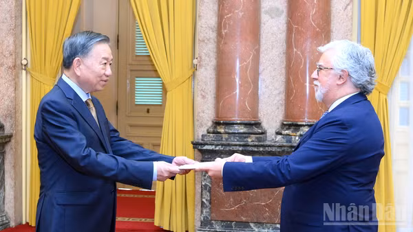 Tổng Bí thư, Chủ tịch nước Tô Lâm và Đại sứ Bồ Đào Nha Joaquim Alberto De Sousa Moreira De Lemos. (Ảnh: ĐĂNG KHOA)