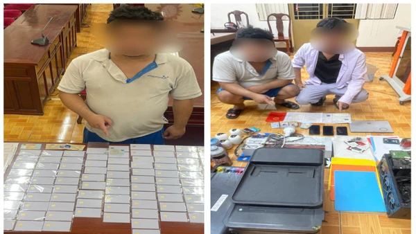 Đối tượng B, H cùng phương tiện, thiết bị để làm giả giấy tờ. 