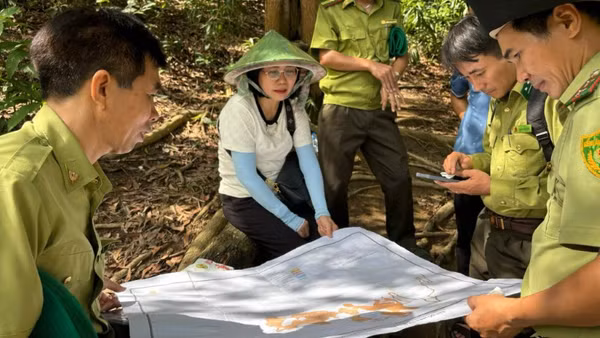 Phó Chủ tịch Ủy ban nhân dân tỉnh Đồng Nai Nguyễn Thị Hoàng (người đội nón) kiểm tra công tác phòng, chống cháy và bảo vệ rừng.