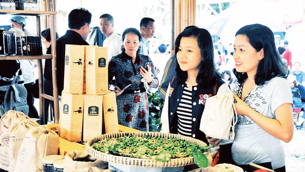 Lâm Đồng giới thiệu các loại cà phê tại hội chợ hàng nông sản. Ảnh: Hải Nam