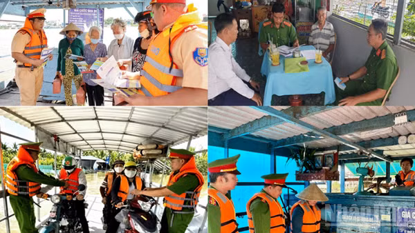 Lực lượng Công an Cần Thơ tuyên truyền, hướng dẫn, kiểm tra và tổ chức ký cam kết bảo đảm an toàn giao thông đường thủy. (Ảnh: Công an cung cấp)