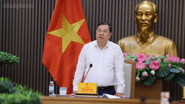 Phó Thủ tướng Thường trực Phạm Gia Túc chủ trì cuộc làm việc với Bộ Công an và một số bộ, ngành liên quan về Đề án "Sản xuất, lắp ráp và thí điểm đăng ký lưu hành, sử dụng xe ba bánh chạy điện". (Ảnh: chinhphu.vn)