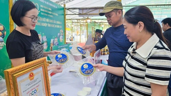 Chị Trần Thị Hậu đang giới thiệu sản phẩm chả dam OCOP cho khách hàng.