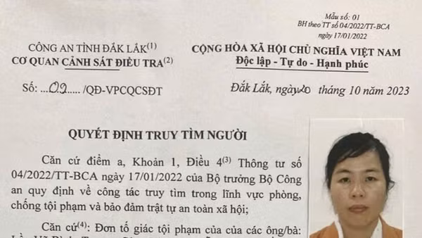 Quyết định truy tìm đối với Nguyễn Thị Thanh Vân.