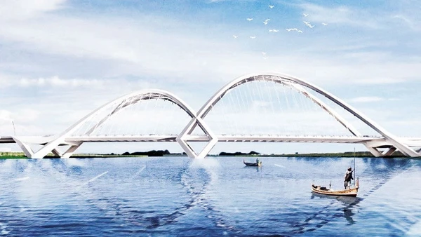 Cầu vượt sông Thái Bình khai thác hình tượng cánh cò cất cánh từ nơi sông nước và bờ bãi bình yên.