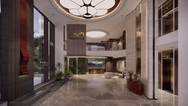 Biểu tượng hoa mai vàng nổi bật tại sảnh đón khách chi nhánh Trung tâm khách hàng cá nhân cao cấp miền nam.