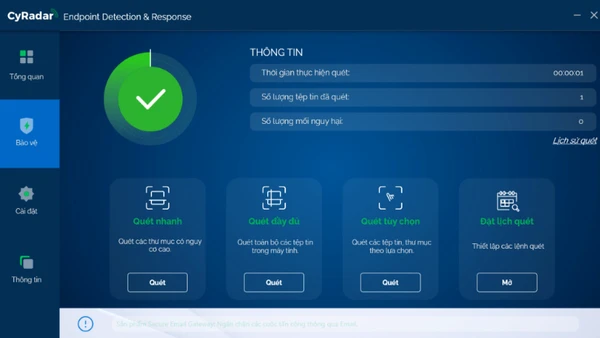 Màn hình quét mã độc của CyRadar EDR hiển thị thời gian quét, số lượng tệp đã kiểm tra và các chế độ quét như quét nhanh, quét đầy đủ, quét tùy chọn và đặt lịch quét.