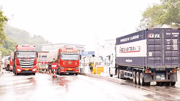 Các xe container chở hàng hóa nông sản thông quan tại Cửa khẩu quốc tế Hữu nghị (Lạng Sơn) ngày 5/2. (Ảnh MAI PHƯƠNG)