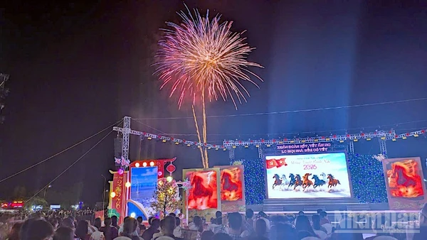 Pháo hoa tung bay trong nền trời đêm giao thừa tại Quảng trường Phan Ngọc Hiển, phường An Xuyên, tỉnh Cà Mau.