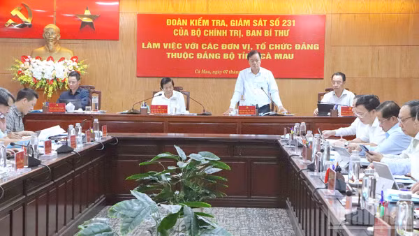Quang cảnh buổi làm việc của Đoàn kiểm tra, giám sát số 231 của Bộ Chính trị, Ban Bí thư tại Cà Mau. (Ảnh: HỮU TÙNG)