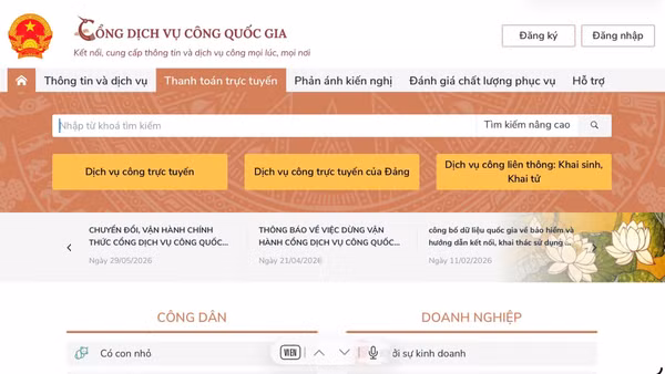 Trang chủ dịch vụ công trực tuyến quốc gia. (Ảnh chụp màn hình)