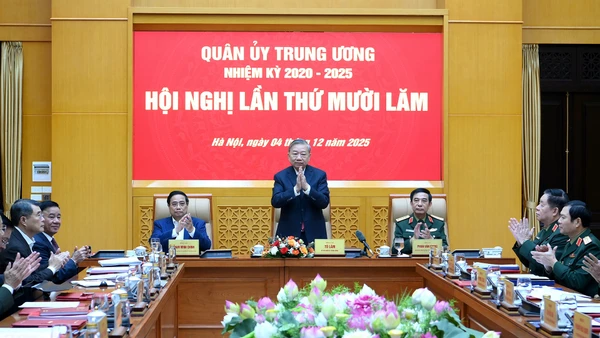 Tổng Bí thư Tô Lâm, Bí thư Quân ủy Trung ương, chủ trì Hội nghị Quân ủy Trung ương lần thứ 15. (Ảnh: ĐĂNG KHOA)