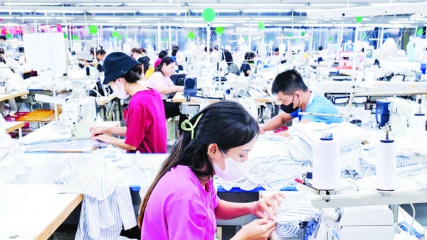 Công nhân Công ty trách nhiệm hữu hạn Pearl Global Việt Nam (Bắc Ninh) sản xuất ở nhà máy.