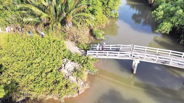 Cây cầu dân sinh được xây dựng ở khu vực Lộ Tẻ đã lâu nhưng không đường dẫn, không có móng kiên cố nằm giữa đồng không mông quạnh.