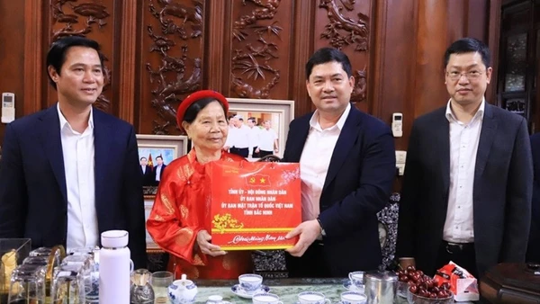 Đồng chí Bí thư Tỉnh ủy Bắc Ninh Nguyễn Hồng Thái và các đồng chí lãnh đạo tỉnh động viên, tặng quà Tết cụ Lê Thị Sậu (thôn Núi Móng, xã Đại Đồng).