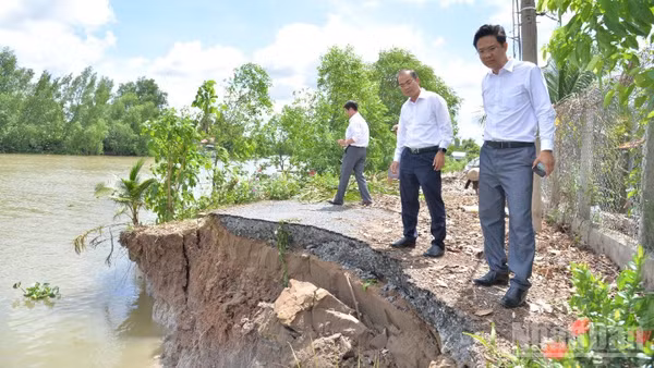 Lãnh đạo Sở Nông nghiệp và Môi trường tỉnh Đồng Tháp khảo sát điểm sạt lở bờ Tây kênh 28.
